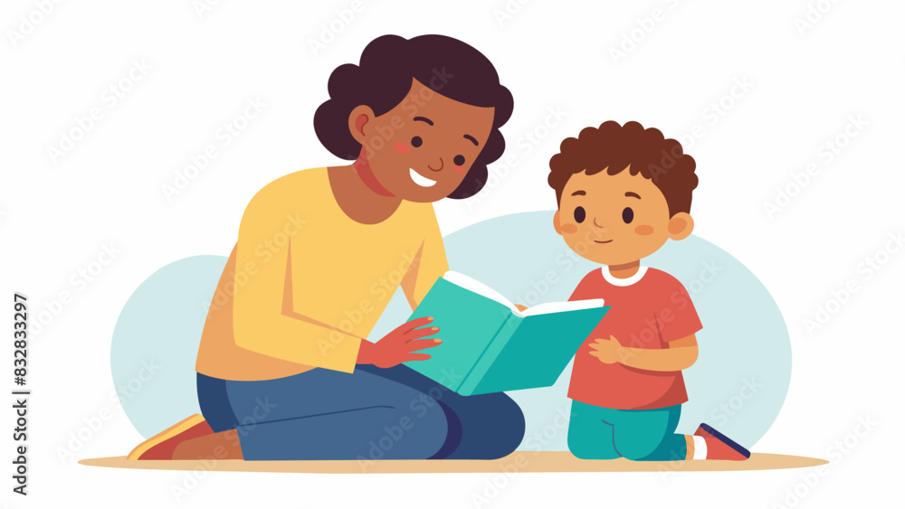 Aufkleber a volunteer teaching a child how to read at a literacy program both fully engaged in the story.. vec