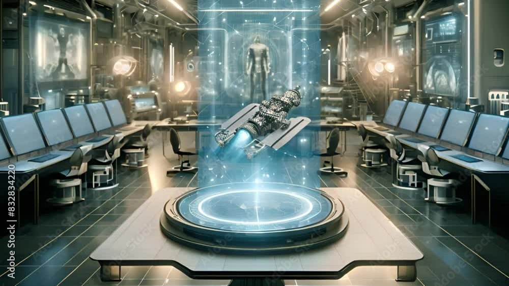 Poster Advanced research lab showcasing a holographic display of a spacecraft model in a high-tech setting. Multiple computer stations with illuminated screens.