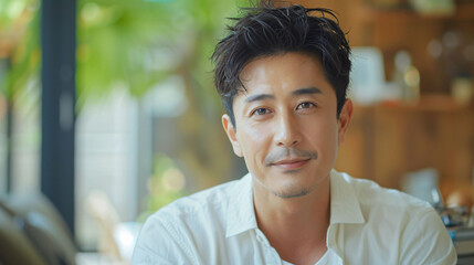 Fototapeta premium Smiling asian man in white shirt with green background