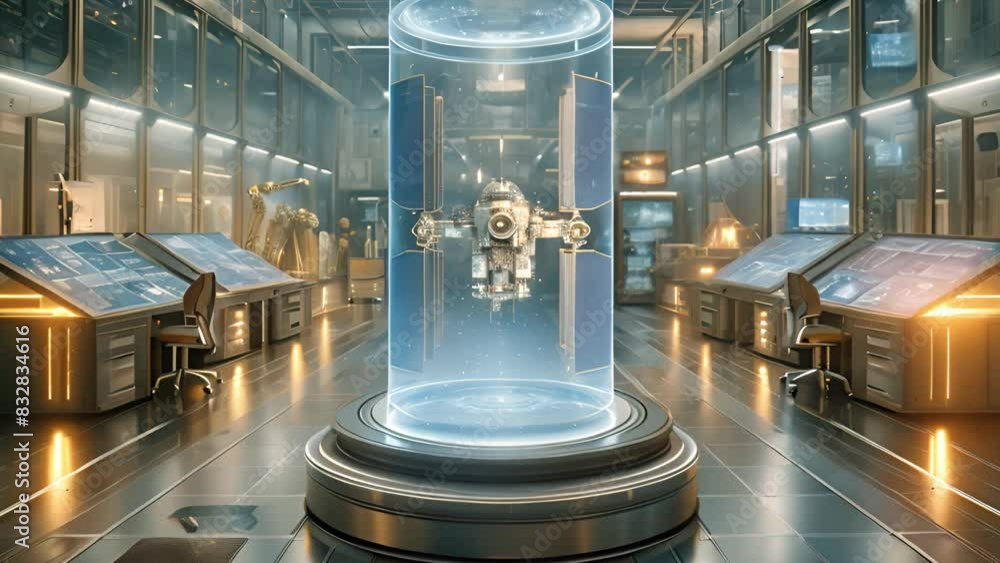 Poster Engineers work on touchscreen interfaces in a high-tech lab at night, with advanced robotic equipment displayed inside a cylindrical glass chamber.