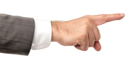 Man pointing finger to the right side in studio shot. Businessman in formal suit. Clear concept for direction or instruction. AI