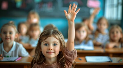 Fototapeta premium Children raise their hands to answer in the classroom. Back To School concept. Background with selective focus