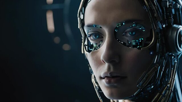 close up view of futuristic female robot looking at camera in neon light