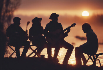 silhouettes of people having fun around a bonfire, sitting, playing guitar, chatting, sunrise