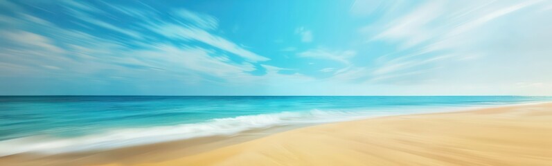Obraz premium Abstract blur defocused background. Tropical summer beach with golden sand, turquoise ocean and blue sky with white clouds on bright sunny day