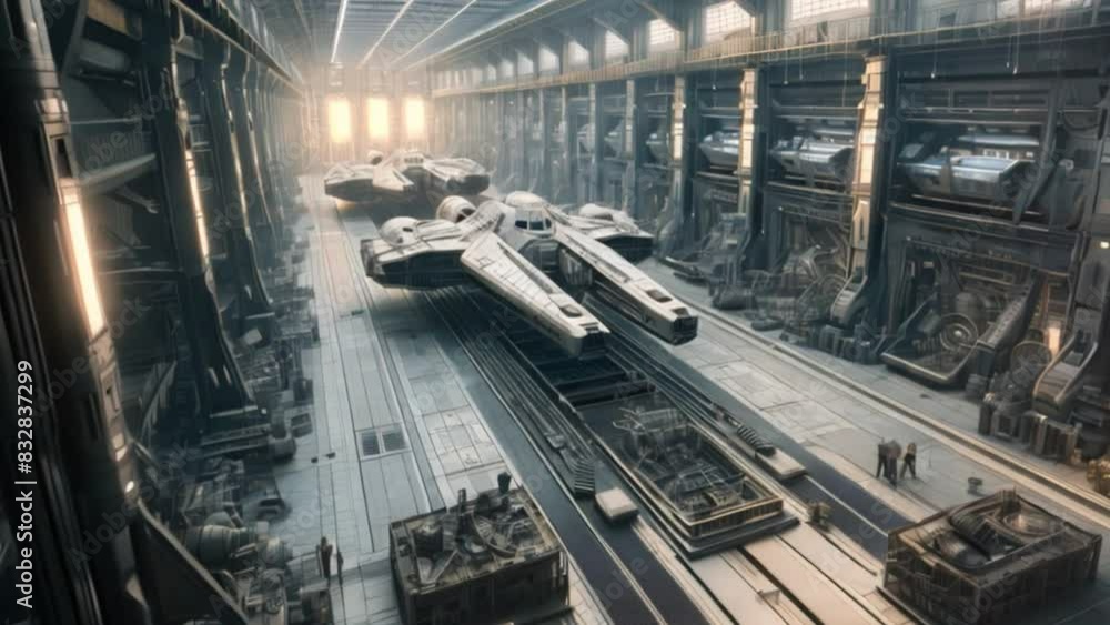 Poster A futuristic spaceship is parked inside a massive building, showcasing advanced technology in an enclosed space.
