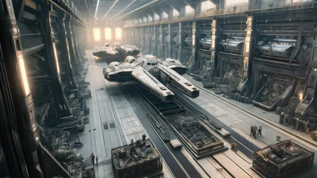 A futuristic spaceship is parked inside a massive building, showcasing advanced technology in an enclosed space.