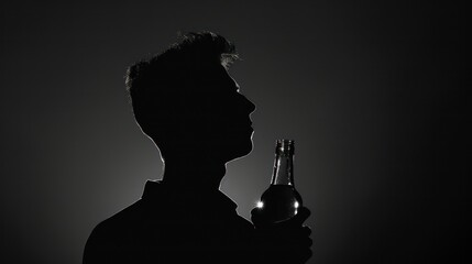 Black silhouette of a man with a bottle. The concept of alcoholism