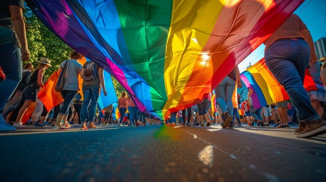 Rainbow flag at the LGBT parade. Background with selective focus and copy space