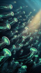 A background of tiny bioluminescent jellyfish gracefully swimming in the vast ocean current.