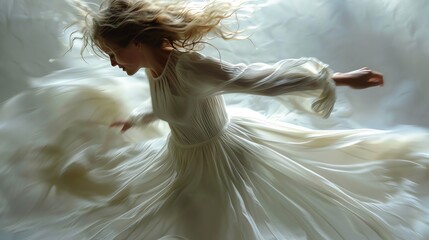 A woman in a flowing white dress, gracefully twirling. Her movements create an ethereal and fluid...