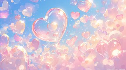 A playful, dreamy background with a repeating pattern of hearts and bubbles in light, pastel shades, offering ample copy space