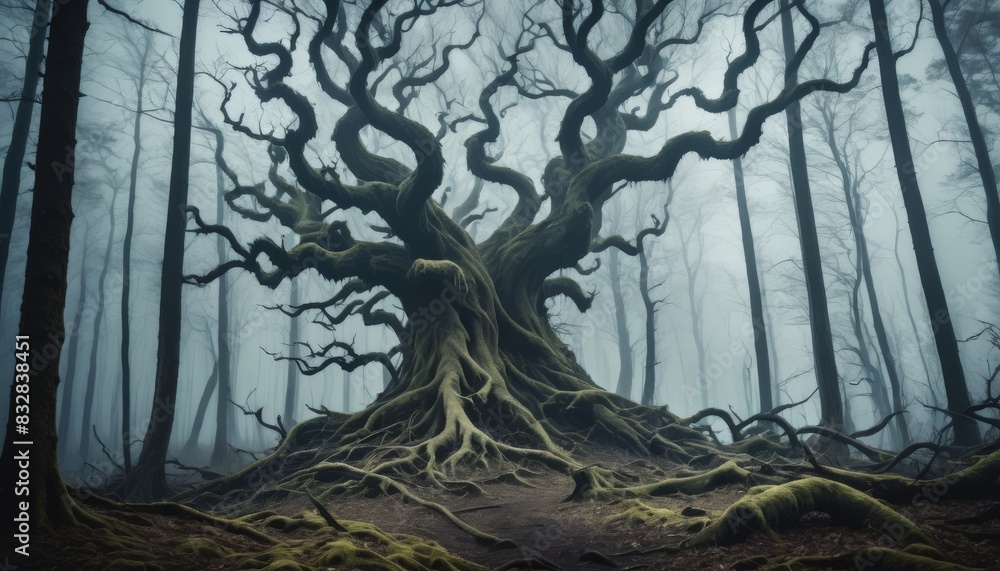 Poster a hauntingly beautiful ancient tree stands with sprawling twisted branches in a fog-enshrouded fores