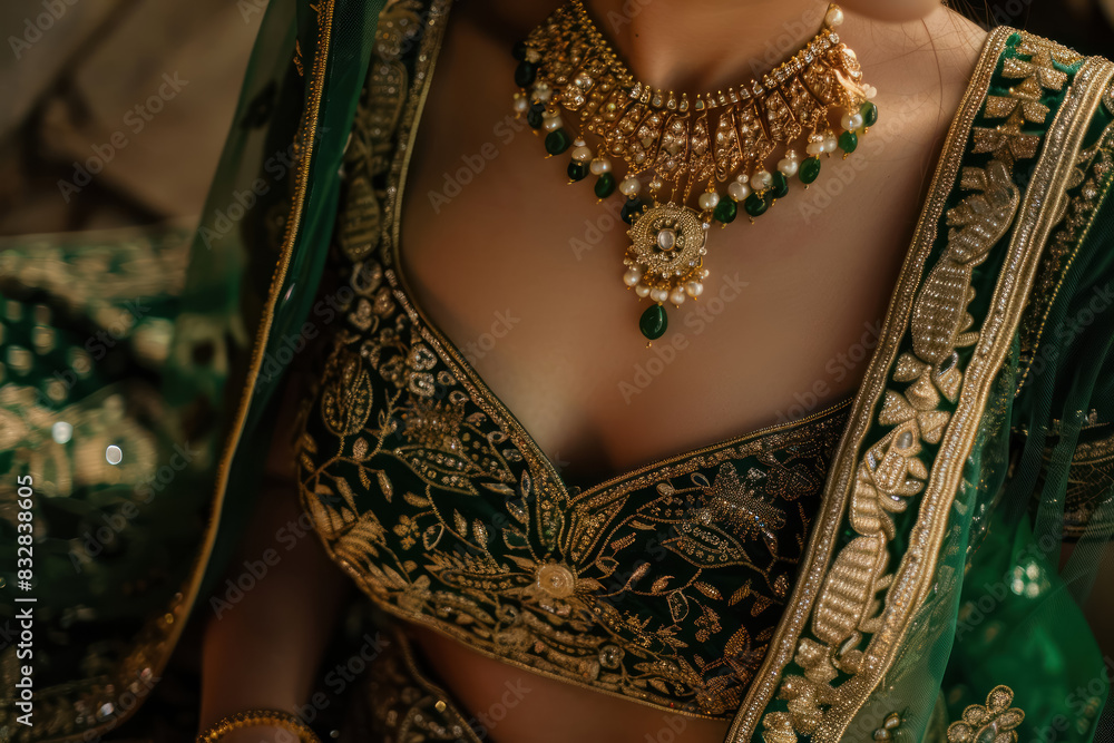 Wall mural green velvet blouse golden texture and jewelry on indian woman with traditional attire