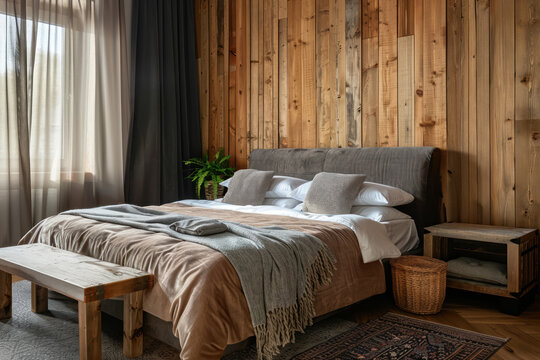 cozy rustic bedroom interior with wooden accents and modern comfort

