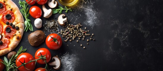 copy space Italian pizza and pizza cooking ingredients black background