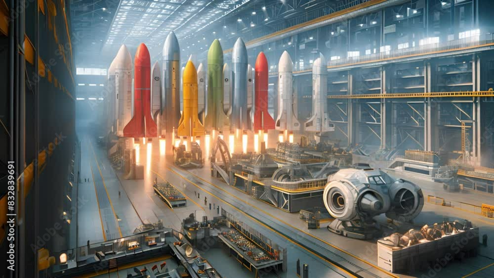 Poster several vividly colored rockets are being prepared for launch inside a vast, industrial space hangar