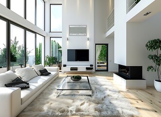 Modern family home interior, living room with sofa and TV on the wall in the background, 