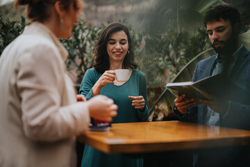 Three business colleagues engage in a relaxed discussion at an outdoor setting with coffee and a notebook.