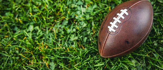 Ball for American football on fresh green field grass, top view. Space for text
