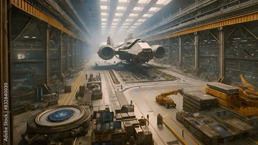 Poster A spaceship being built in a factory setting, showcasing manufacturing processes and advanced technology.
