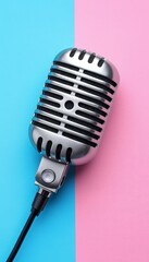 Fototapeta premium Retro microphone on soft pastel background with space for text, ideal for creative designs