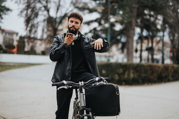 A male business entrepreneur on a bicycle pauses to use his phone, exuding style and confidence in...
