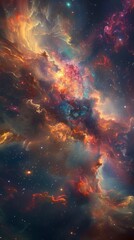 Fototapeta premium This image displays a vivid nebula with swirling clouds of gas and dust in vibrant shades of orange, red, and blue, illuminated by stars, set against the dark expanse of space.