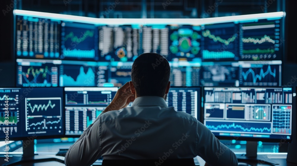 Poster a man in business attire sits at a desk in front of several computer monitors, focused on his work.