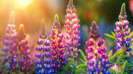 colorful lupine flowers blooming in the field at sunset. Beautiful floral background - Powered by Adobe