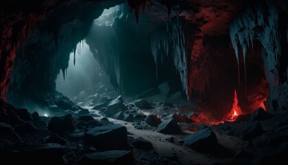 This awe-inspiring stock image captures a vast ice cave with a fiery lava flow, contrasting the cool blues of the ice with the warm glow of the magma.. AI Generation