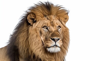 Fototapeta premium A majestic lion with a full, flowing mane, gazing intensely, isolated on solid white background.