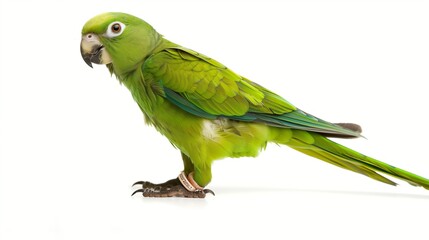 A playful Parrotlet with bright green plumage, isolated on a solid white background.