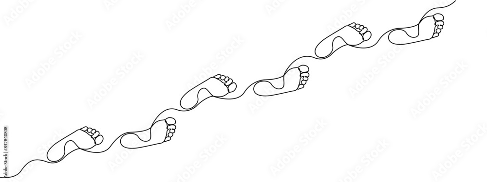 Poster footprint of a path of barefoot human feet in simple linear style . diagonal trace of barefoot is dr