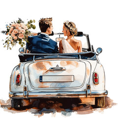 bride and groom in car