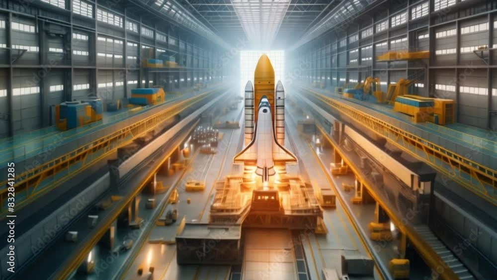 Poster A space shuttle is undergoing final preparations inside a large assembly hangar, illuminated by the early morning light streaming through the doors.