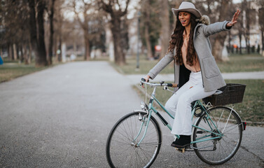 A happy business lady takes a leisurely break with her bike on a park pathway, exuding joy and...