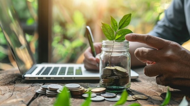 A person is inserting coins into a jar where a plant is sprouting, symbolizing financial growth and investment in nature.