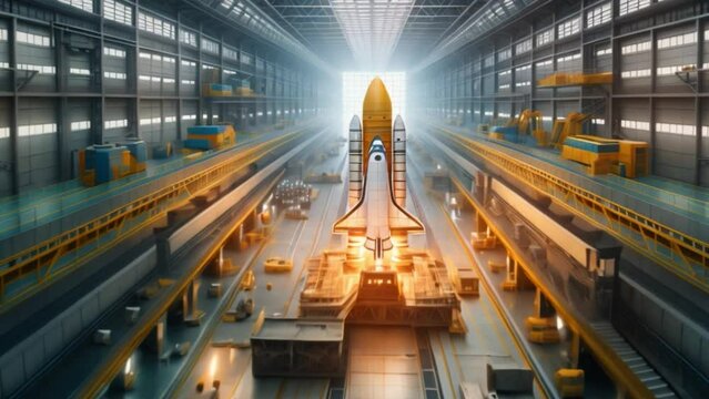 A space shuttle is undergoing final preparations inside a large assembly hangar, illuminated by the early morning light streaming through the doors.