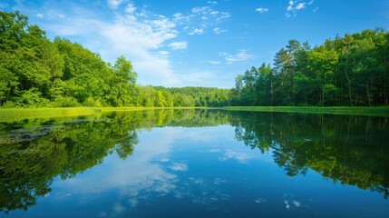 A tranquil body of water mirroring a wooded area under a clear blue sky - Powered by Adobe