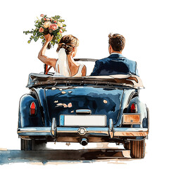 bride and groom in car