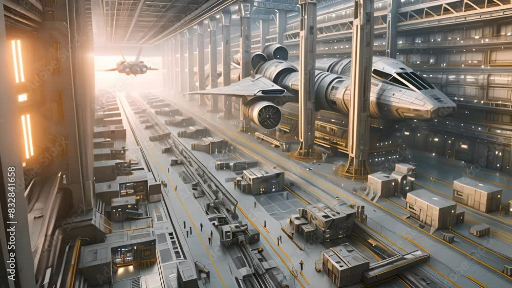 Poster workers and cargo operations are underway in an advanced spaceship hangar, with a small ship taking 