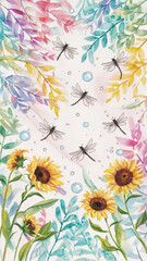 Obraz premium A charming illustration filled with delicate and whimsical elements. SIX charming dragonflies flutter through the composition, adding a touch of life and energy.