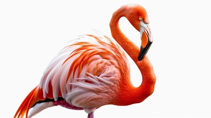 A vibrant flamingo with its characteristic pink plumage, standing tall and serene, isolated on solid white background.
