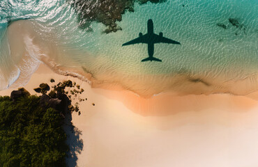 AI Image. Aerial top view on aircraft shadow flying over an idyllic beach scene