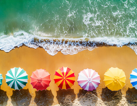 AI Image. Aerial top view on the tropical beach with multicolored sunshades next to the emerald green sea