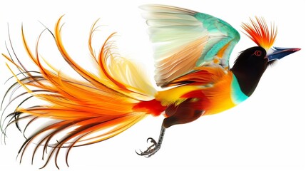 An exotic bird of paradise displaying its vibrant and intricate plumage, creating a visually stunning image, isolated on solid white background.