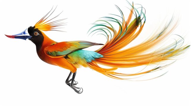 An exotic bird of paradise displaying its vibrant and intricate plumage, creating a visually stunning image, isolated on solid white background.