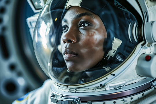 Reflective female astronaut gazing into distance. Generative AI image