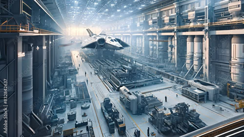 Poster a space shuttle is being assembled in a factory, surrounded by machinery, tools, and workers in prot